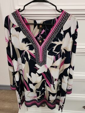 JM Collection Navy Floral V-Neck Tunic with Pink & Cream Accents